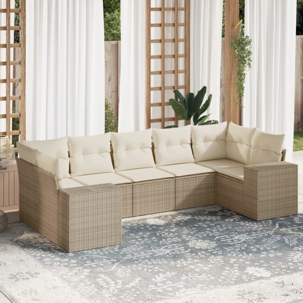 vidaXL Matgrupp för trädgården med dynor 7 delar beige konstrotting