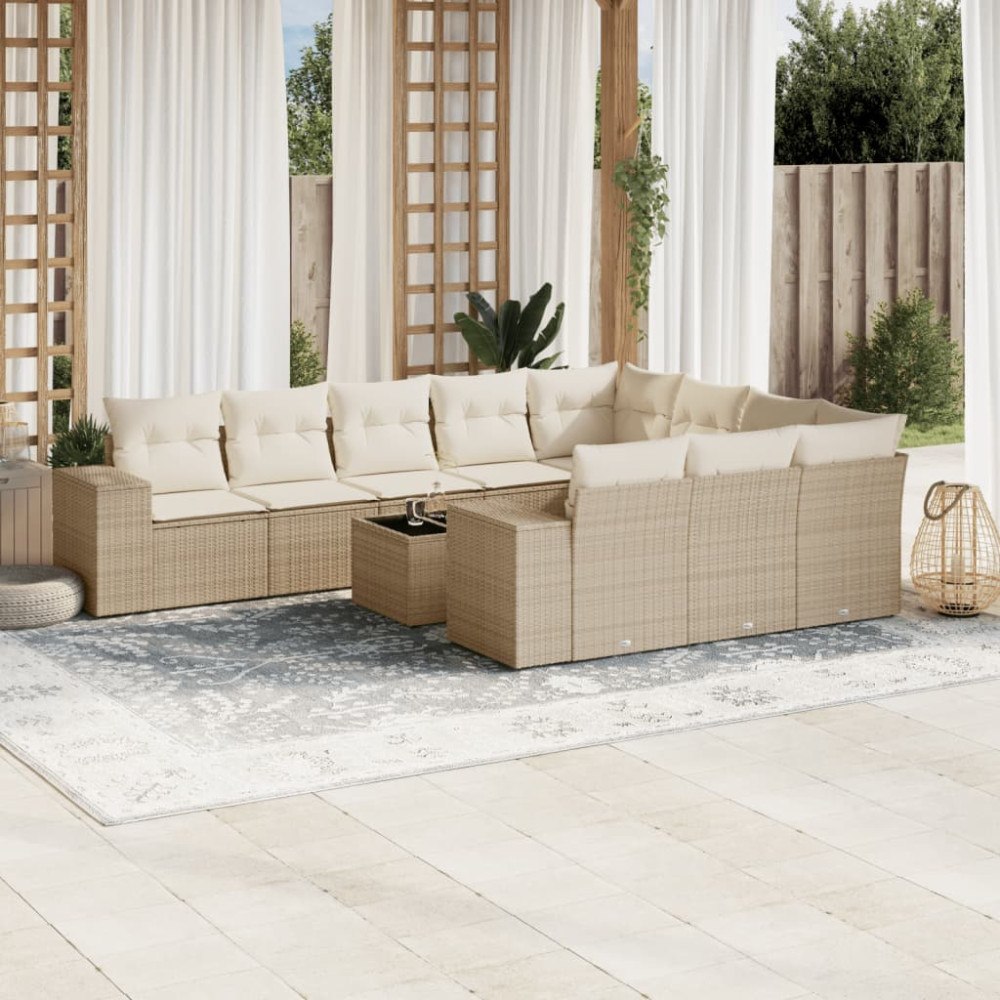 vidaXL Loungegrupp för trädgården m. dynor 11 delar beige konstrotting