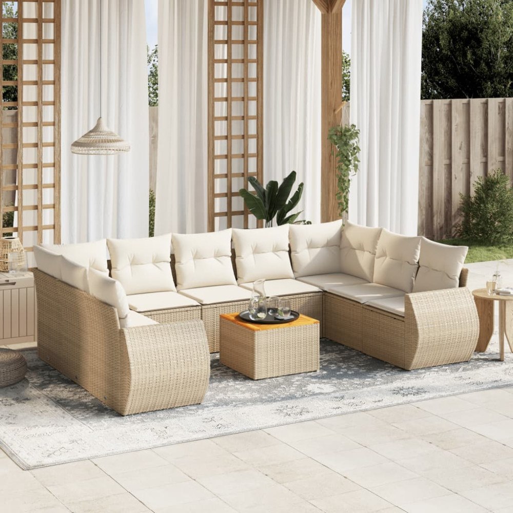 vidaXL Soffgrupp för trädgård med dynor 10 delar beige konstrotting