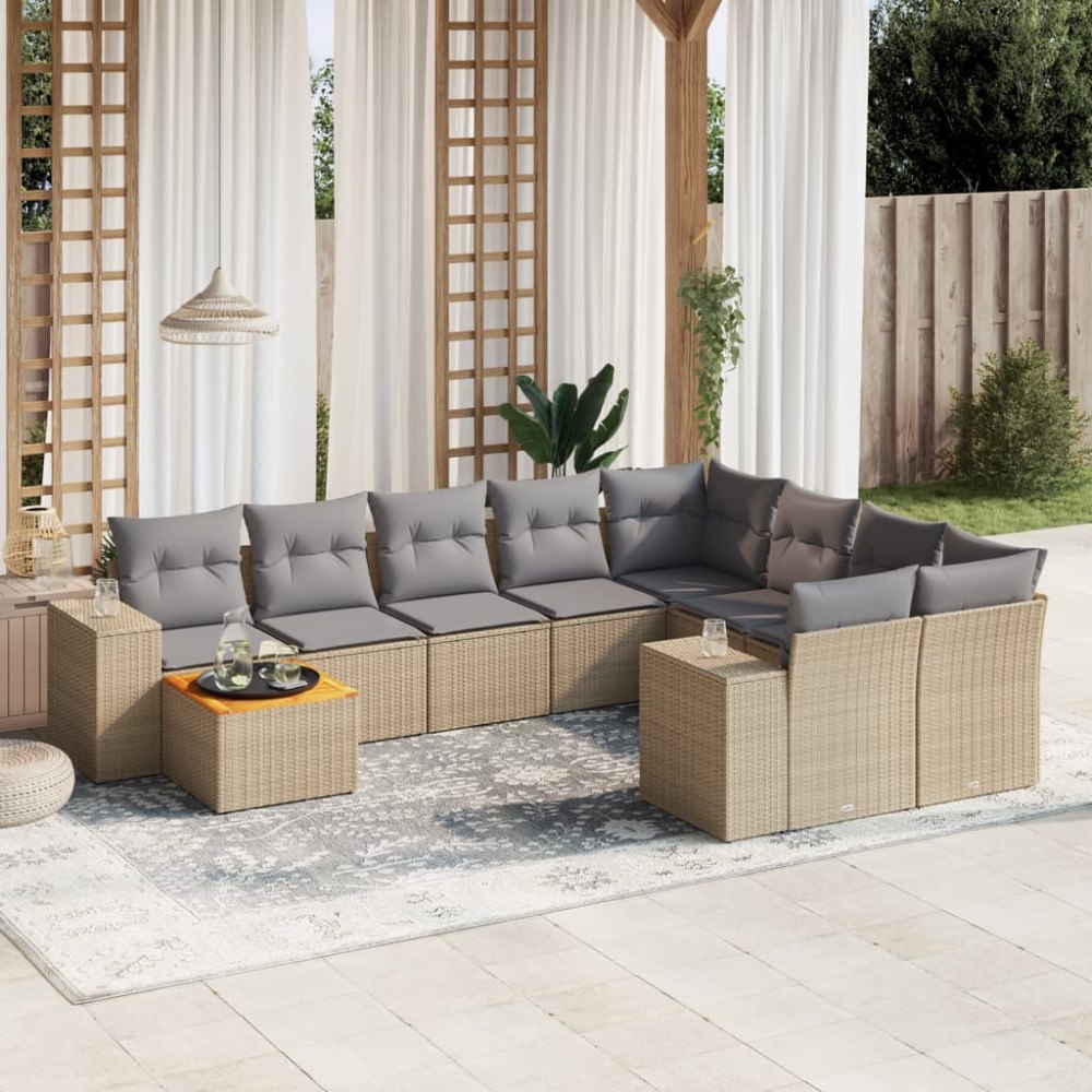 vidaXL Soffgrupp för trädgård med dynor 10 delar beige konstrotting
