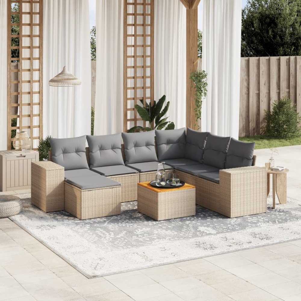 vidaXL Matgrupp för trädgården med dynor 8 delar beige konstrotting