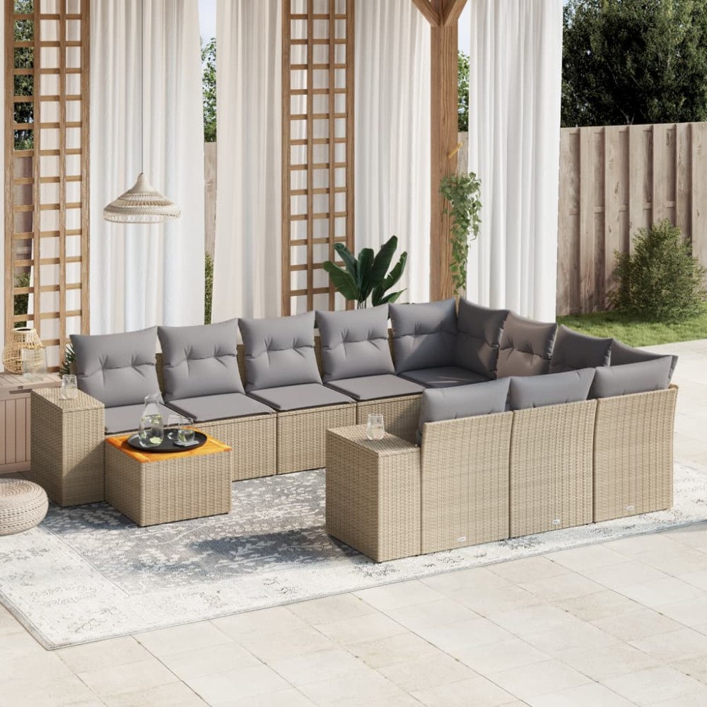 vidaXL Loungegrupp för trädgården m. dynor 11 delar beige konstrotting