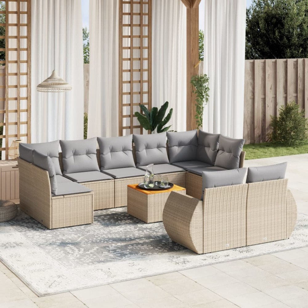 vidaXL Soffgrupp för trädgård med dynor 10 delar beige konstrotting