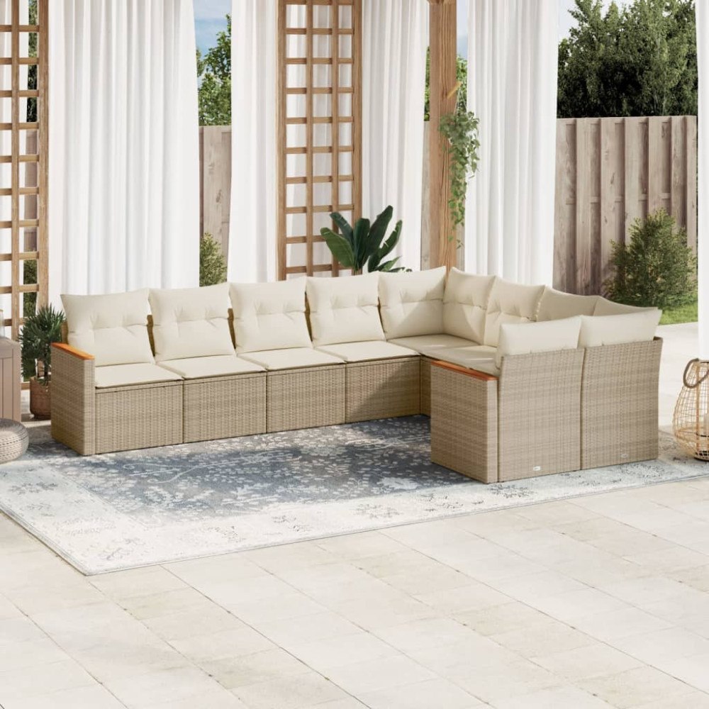 vidaXL Soffgrupp för trädgården med dynor 9 delar beige konstrotting