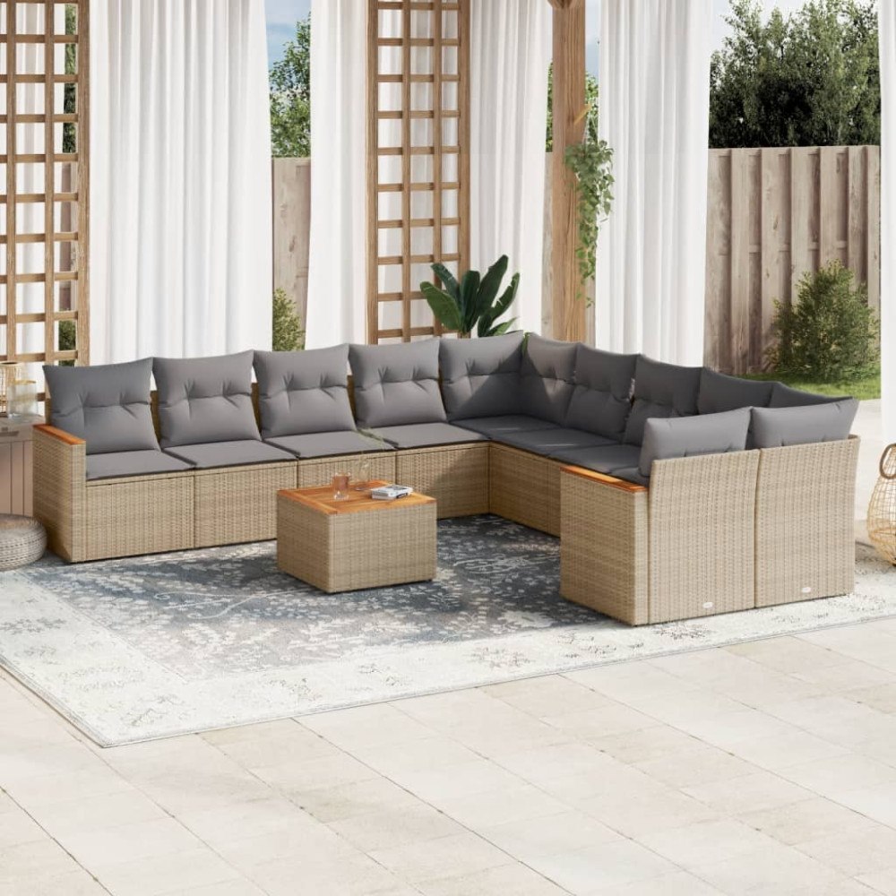 vidaXL Soffgrupp för trädgård med dynor 11 delar mixbeige konstrotting