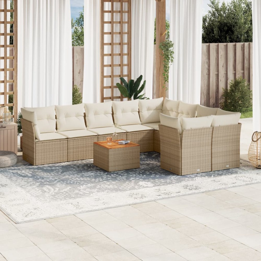 vidaXL Soffgrupp för trädgård med dynor 10 delar beige konstrotting