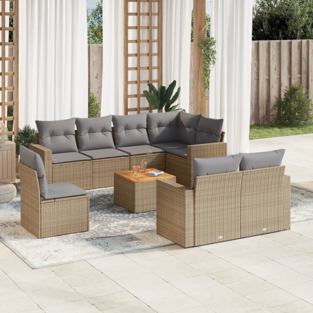 vidaXL Soffgrupp för trädgård med dynor 9 delar mixbeige konstrotting