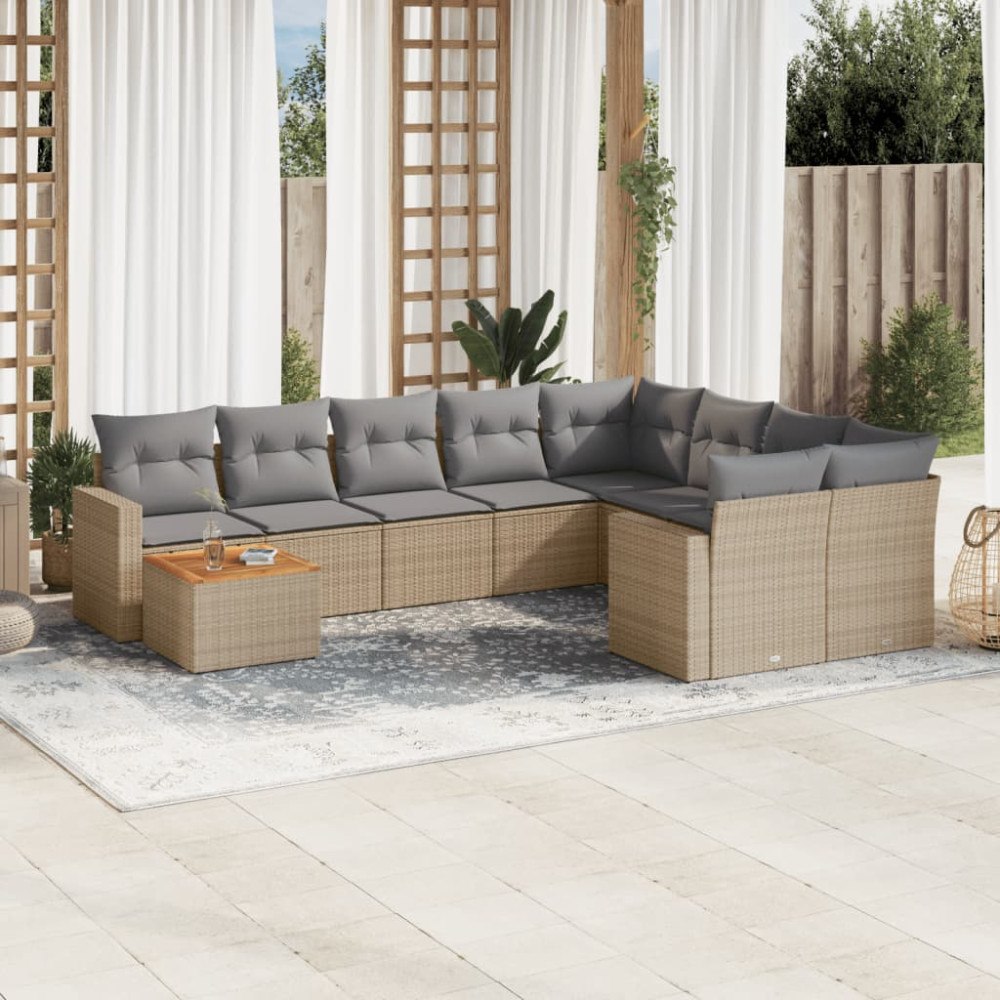 vidaXL Soffgrupp för trädgård med dynor 10 delar mixbeige konstrotting