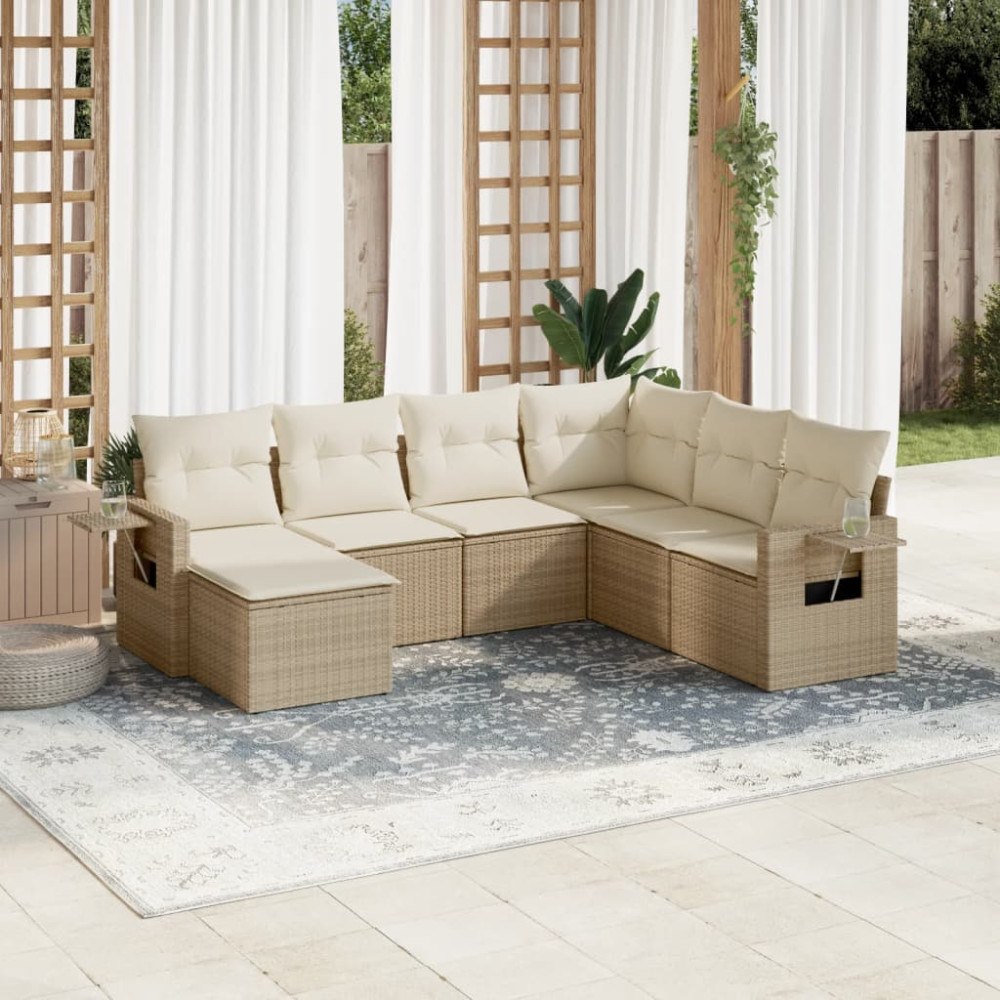 vidaXL Matgrupp för trädgården med dynor 7 delar beige konstrotting