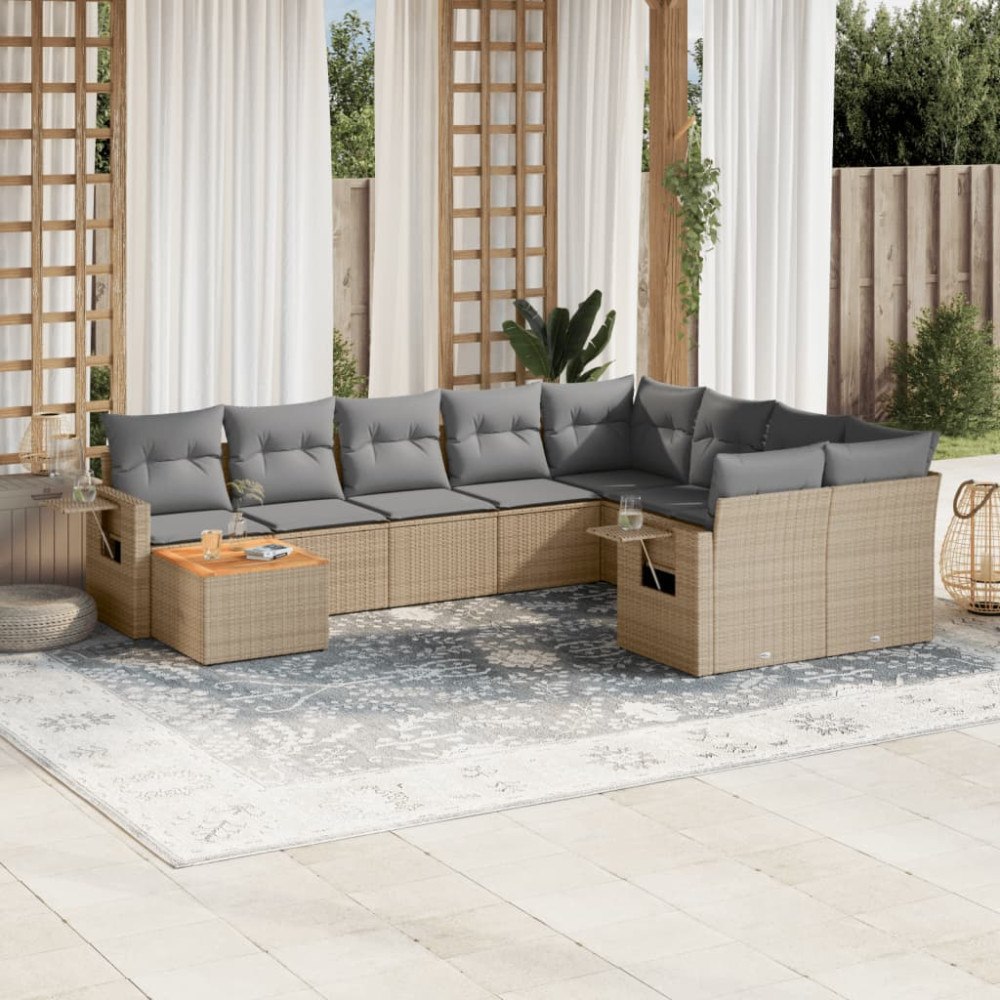 vidaXL Soffgrupp för trädgård med dynor 10 delar mixbeige konstrotting