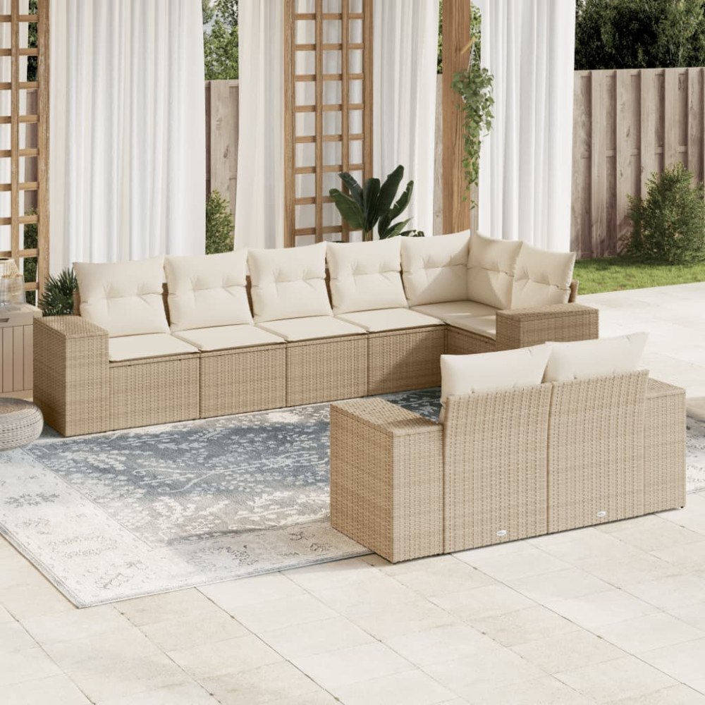 vidaXL Matgrupp för trädgården med dynor 8 delar beige konstrotting
