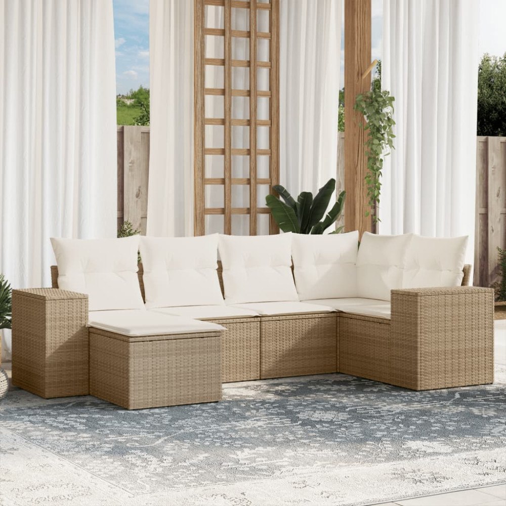vidaXL Soffgrupp för trädgården med dynor 6 delar beige konstrotting