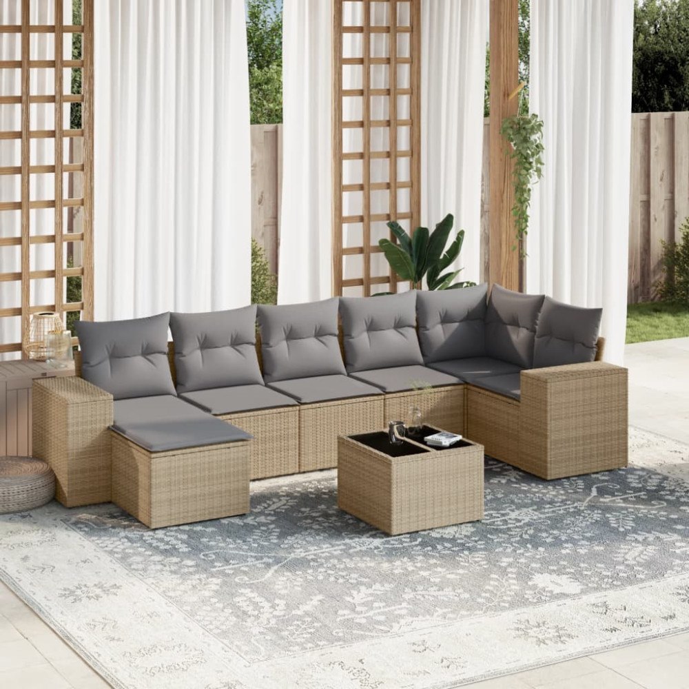 vidaXL Matgrupp för trädgården med dynor 8 delar beige konstrotting