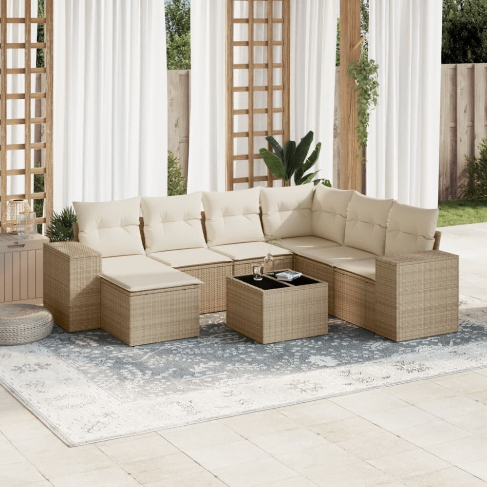 vidaXL Matgrupp för trädgården med dynor 8 delar beige konstrotting