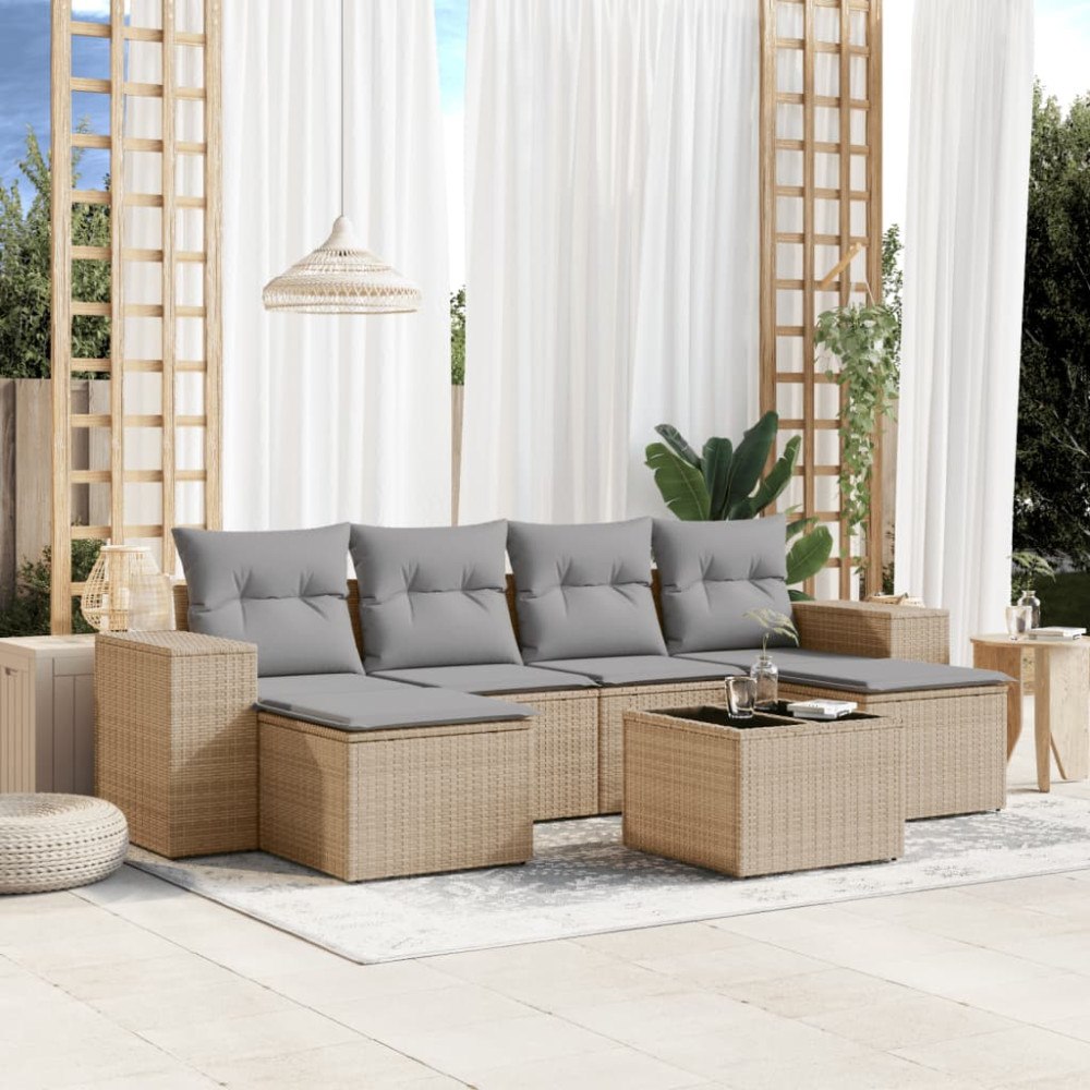 vidaXL Matgrupp för trädgården med dynor 7 delar beige konstrotting