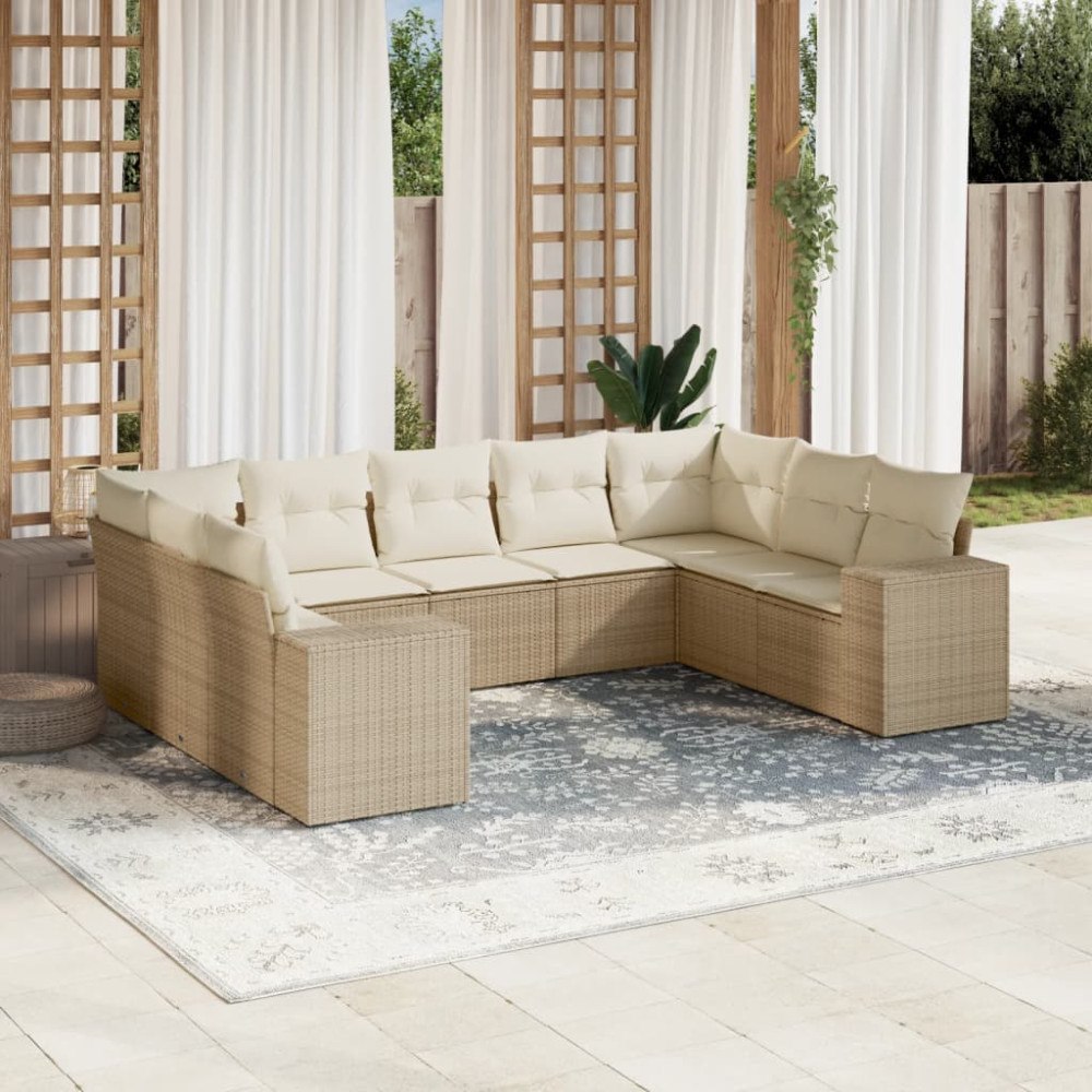 vidaXL Soffgrupp för trädgården med dynor 9 delar beige konstrotting