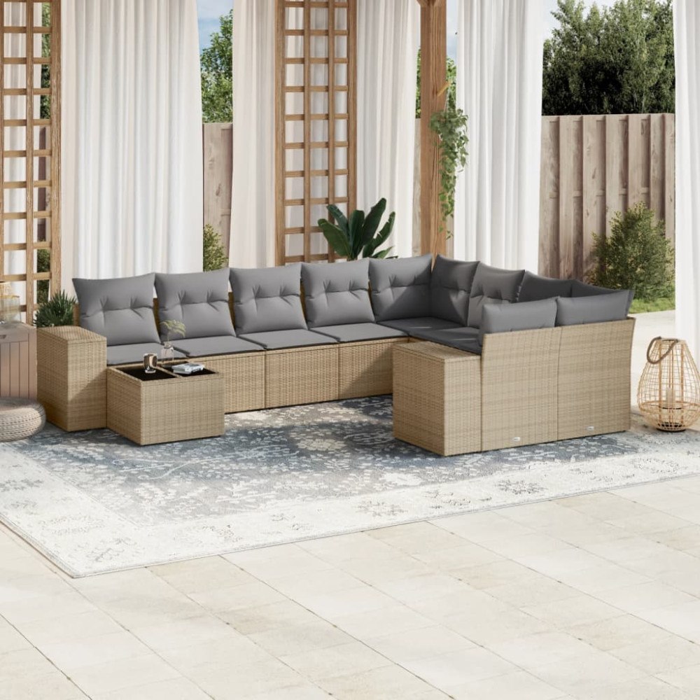 vidaXL Soffgrupp för trädgård med dynor 10 delar beige konstrotting