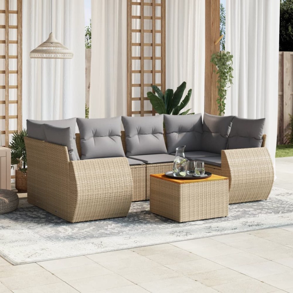 vidaXL Matgrupp för trädgården med dynor 7 delar beige konstrotting