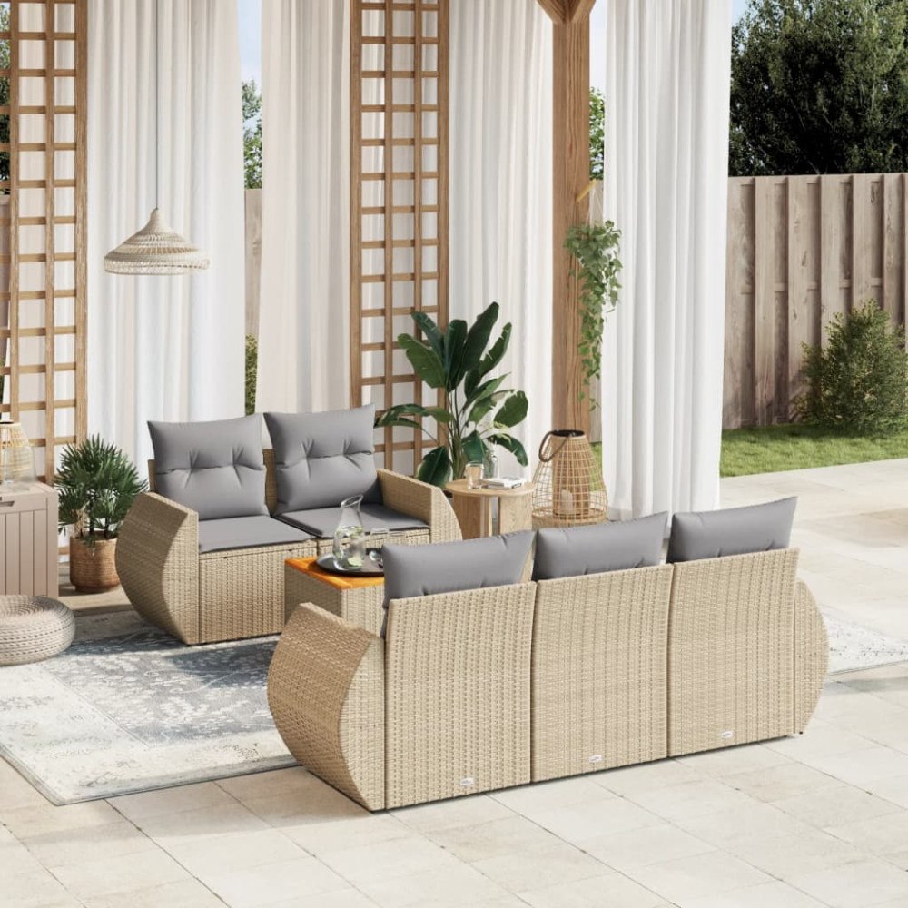 vidaXL Soffgrupp för trädgården med dynor 6 delar beige konstrotting