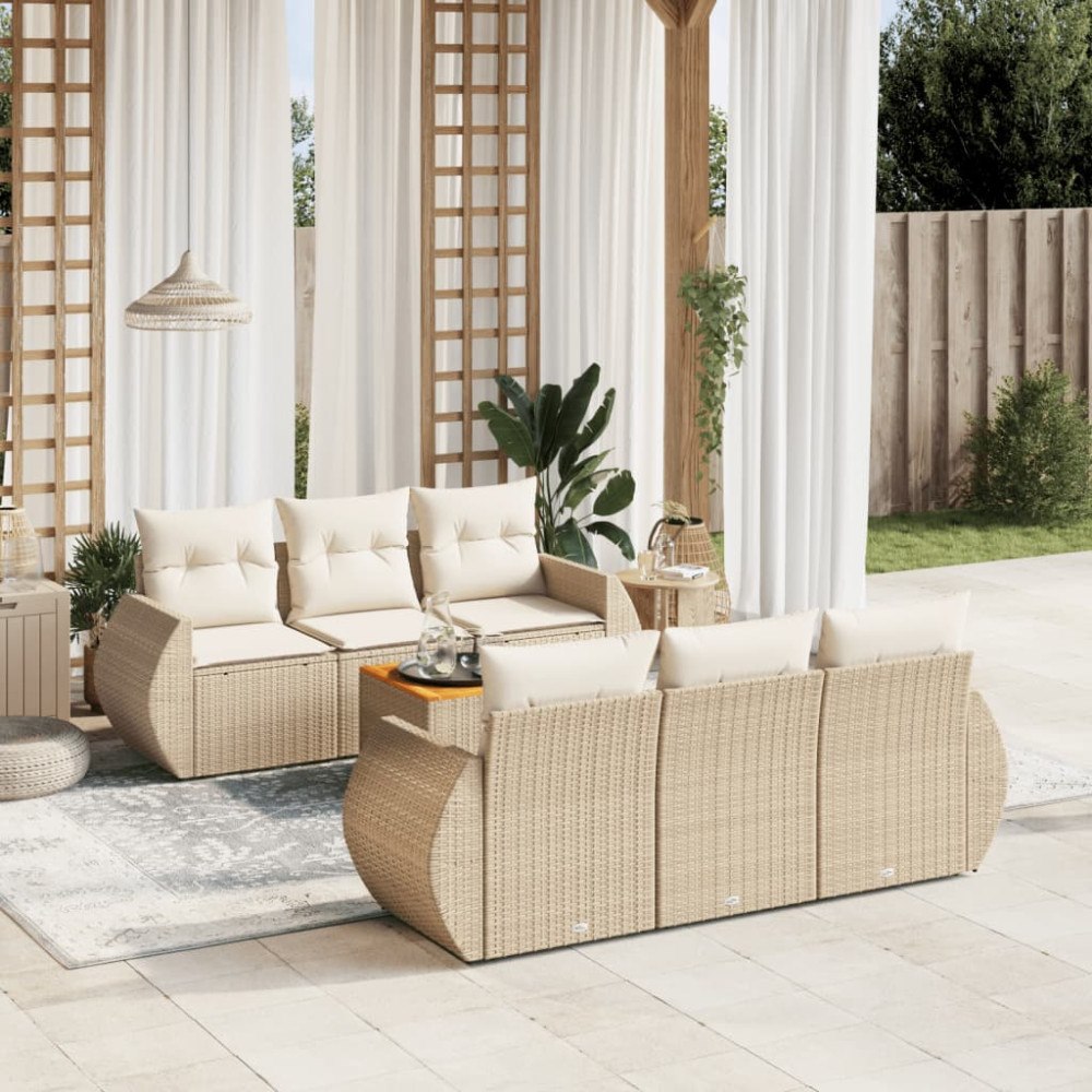 vidaXL Matgrupp för trädgården med dynor 7 delar beige konstrotting
