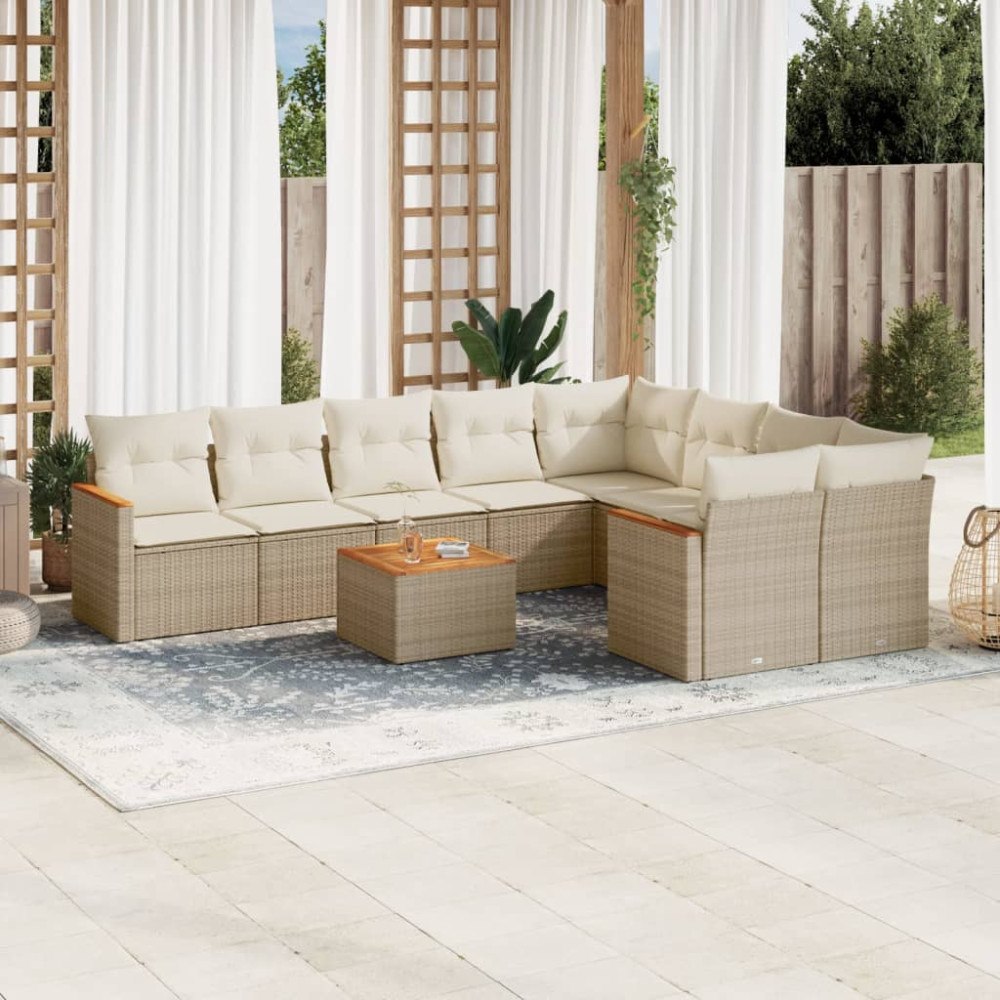 vidaXL Soffgrupp för trädgård med dynor 10 delar beige konstrotting