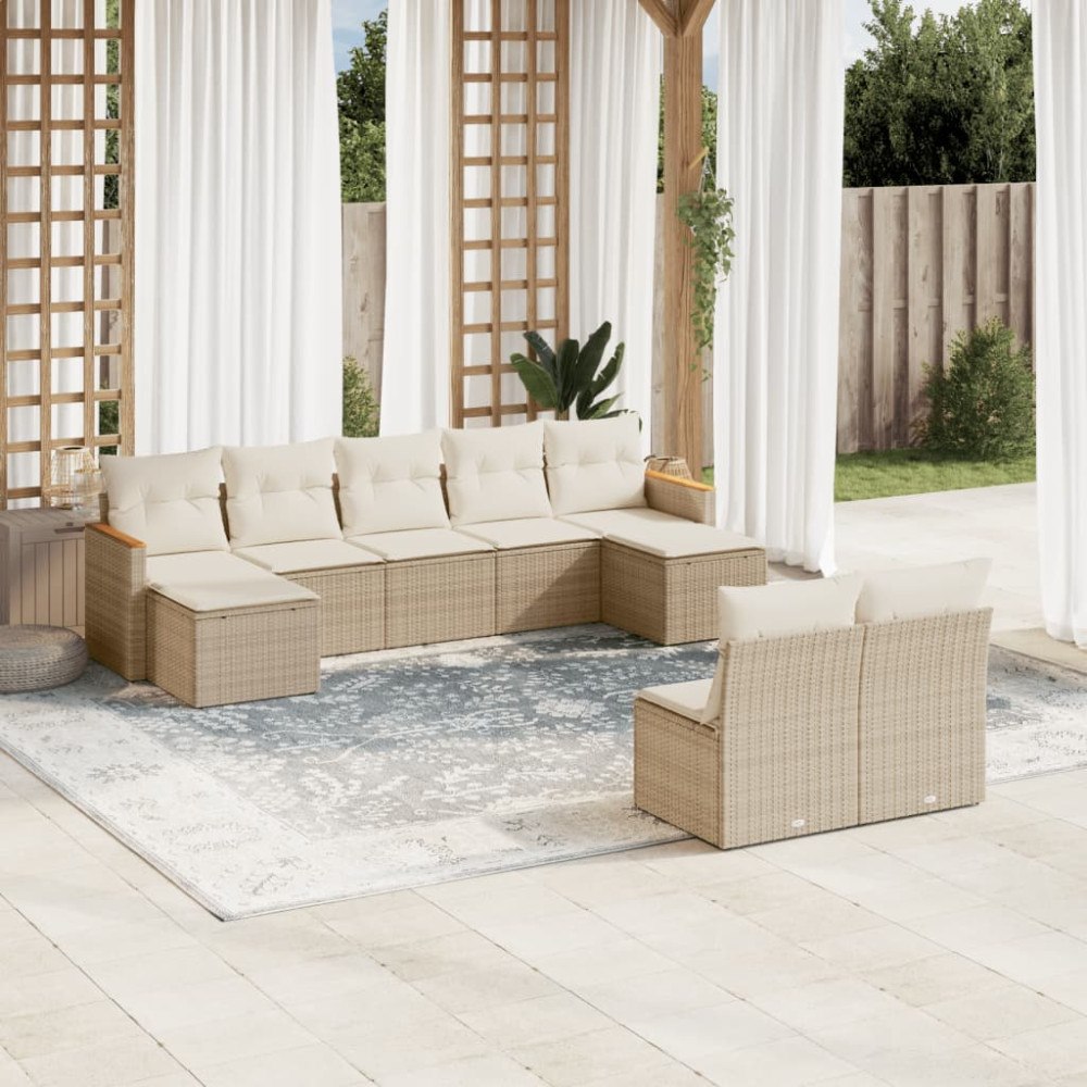 vidaXL Soffgrupp för trädgården med dynor 9 delar beige konstrotting