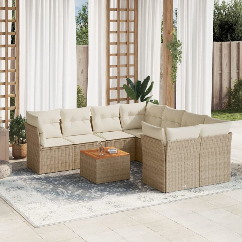 vidaXL Soffgrupp för trädgården med dynor 9 delar beige konstrotting