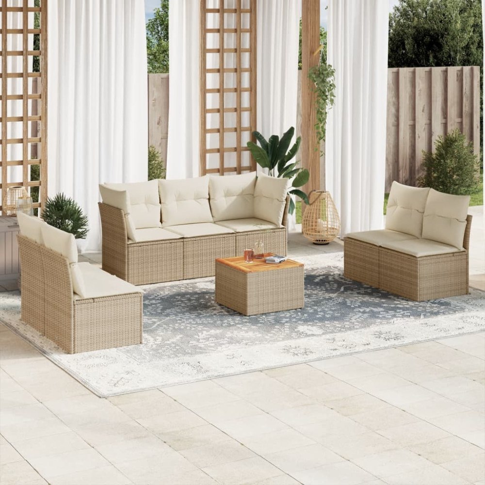 vidaXL Matgrupp för trädgården med dynor 8 delar beige konstrotting