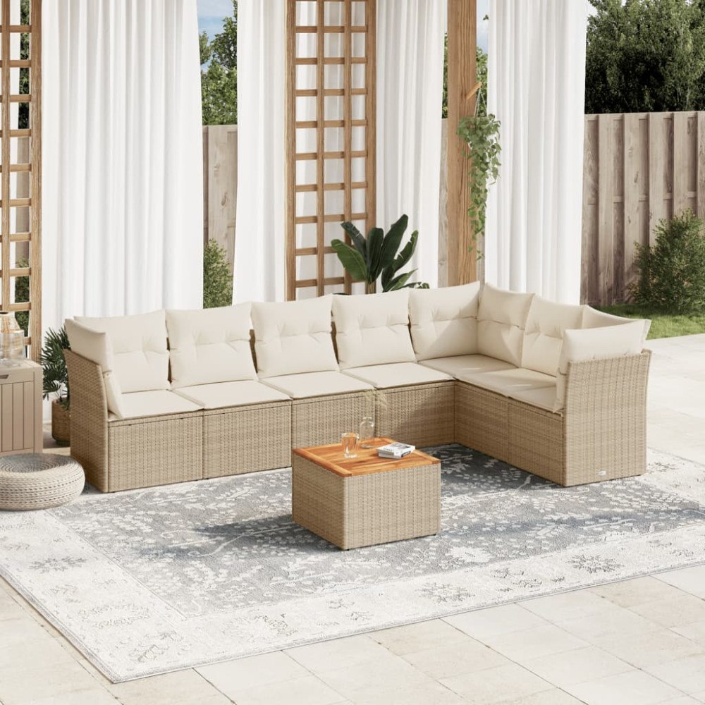 vidaXL Matgrupp för trädgården med dynor 8 delar beige konstrotting
