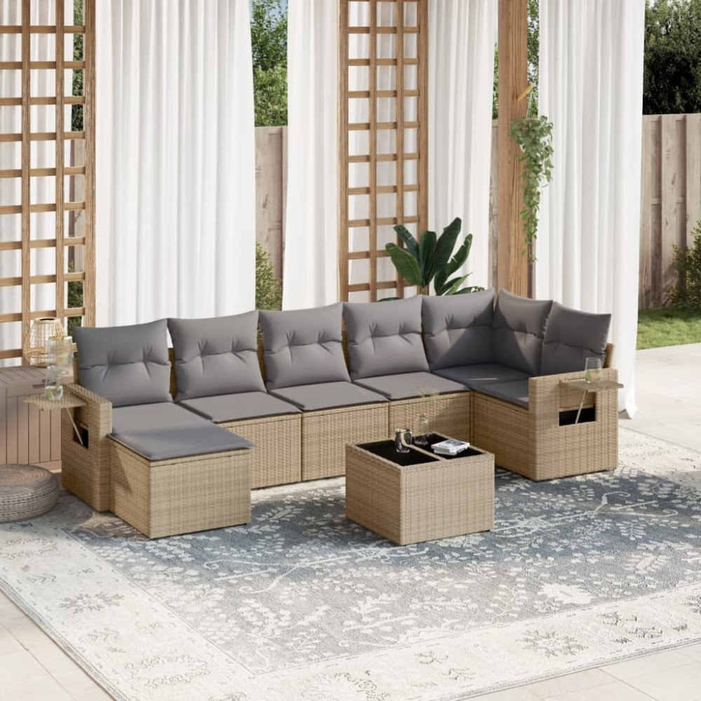 vidaXL Matgrupp för trädgården med dynor 8 delar beige konstrotting