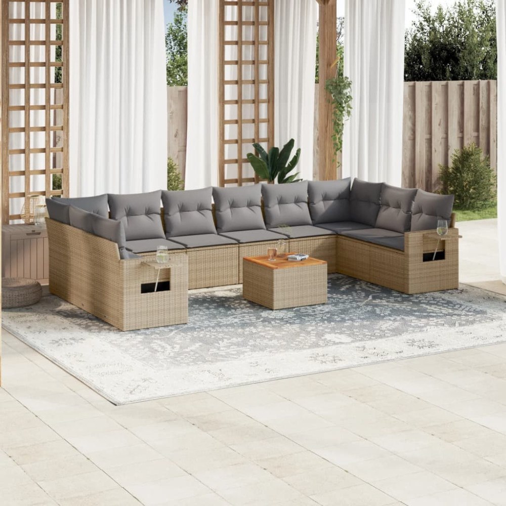 vidaXL Soffgrupp för trädgård med dynor 11 delar mixbeige konstrotting