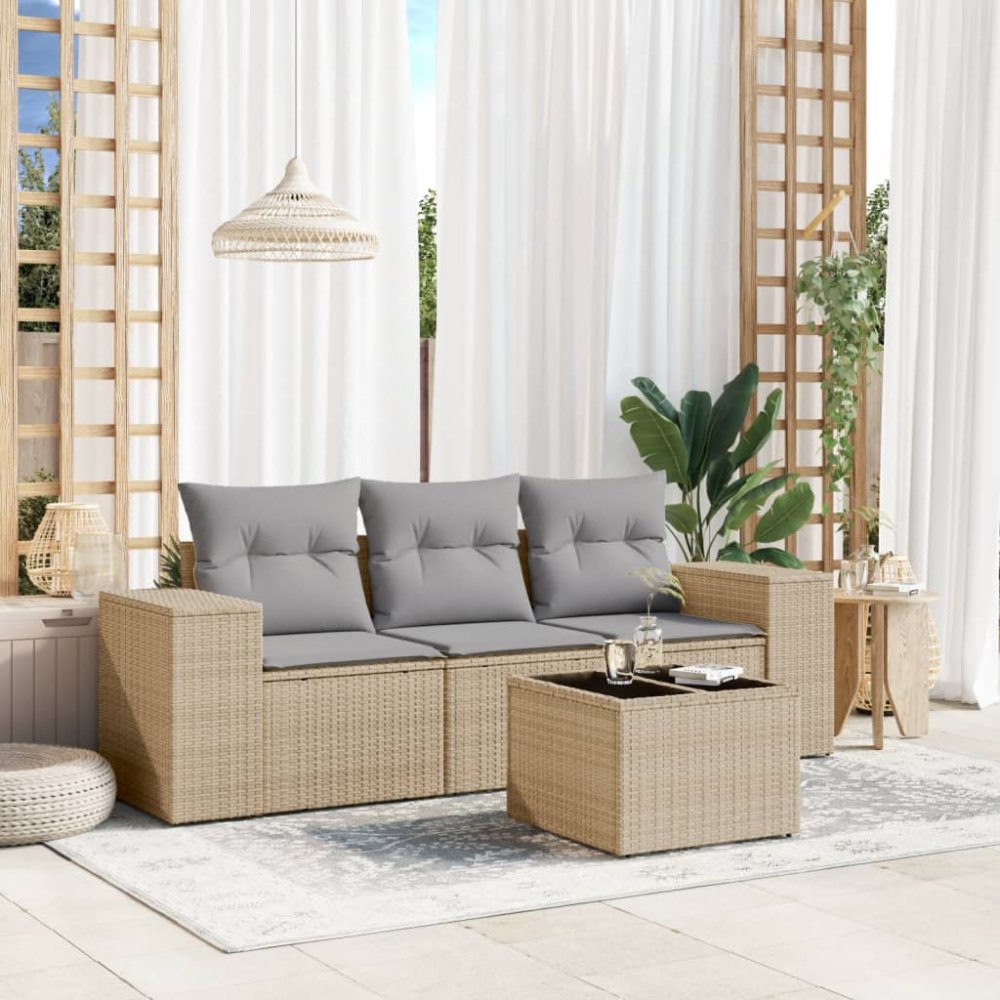 vidaXL Soffgrupp för trädgård med dynor 4 delar beige konstrotting