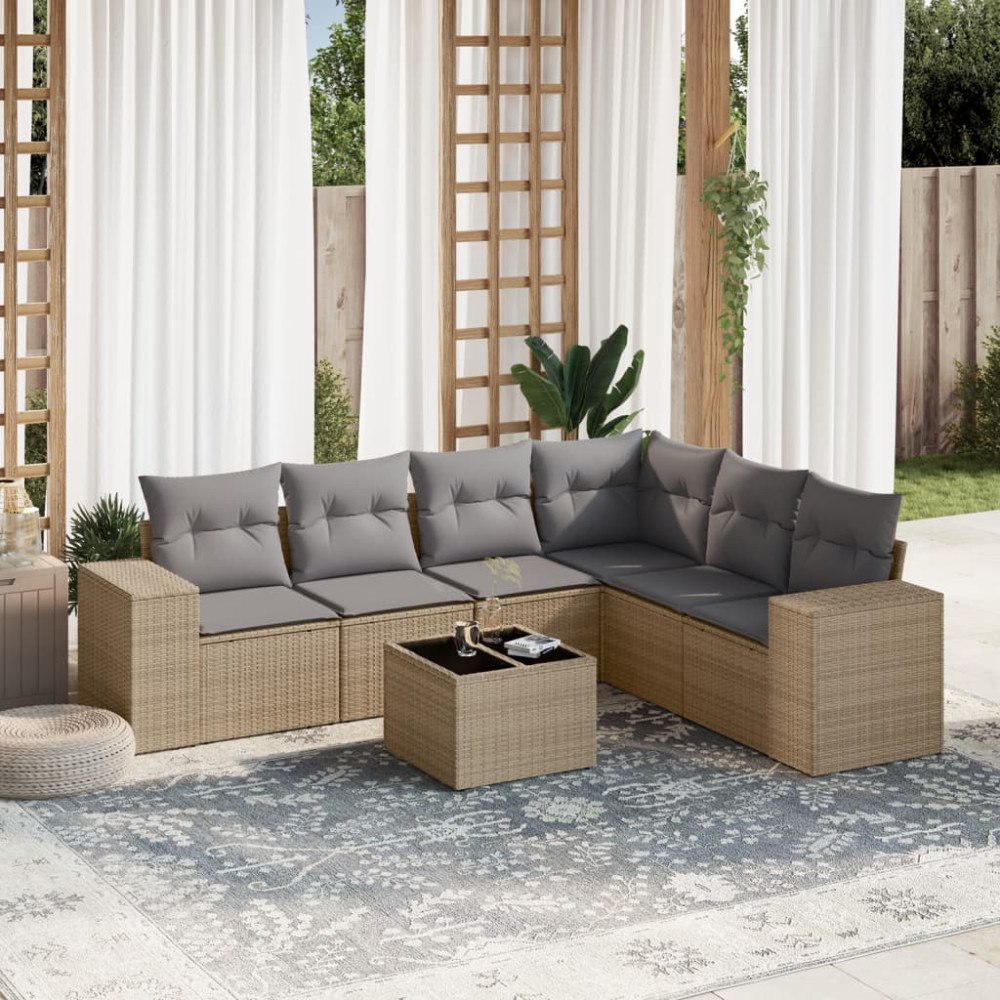 vidaXL Matgrupp för trädgården med dynor 7 delar beige konstrotting