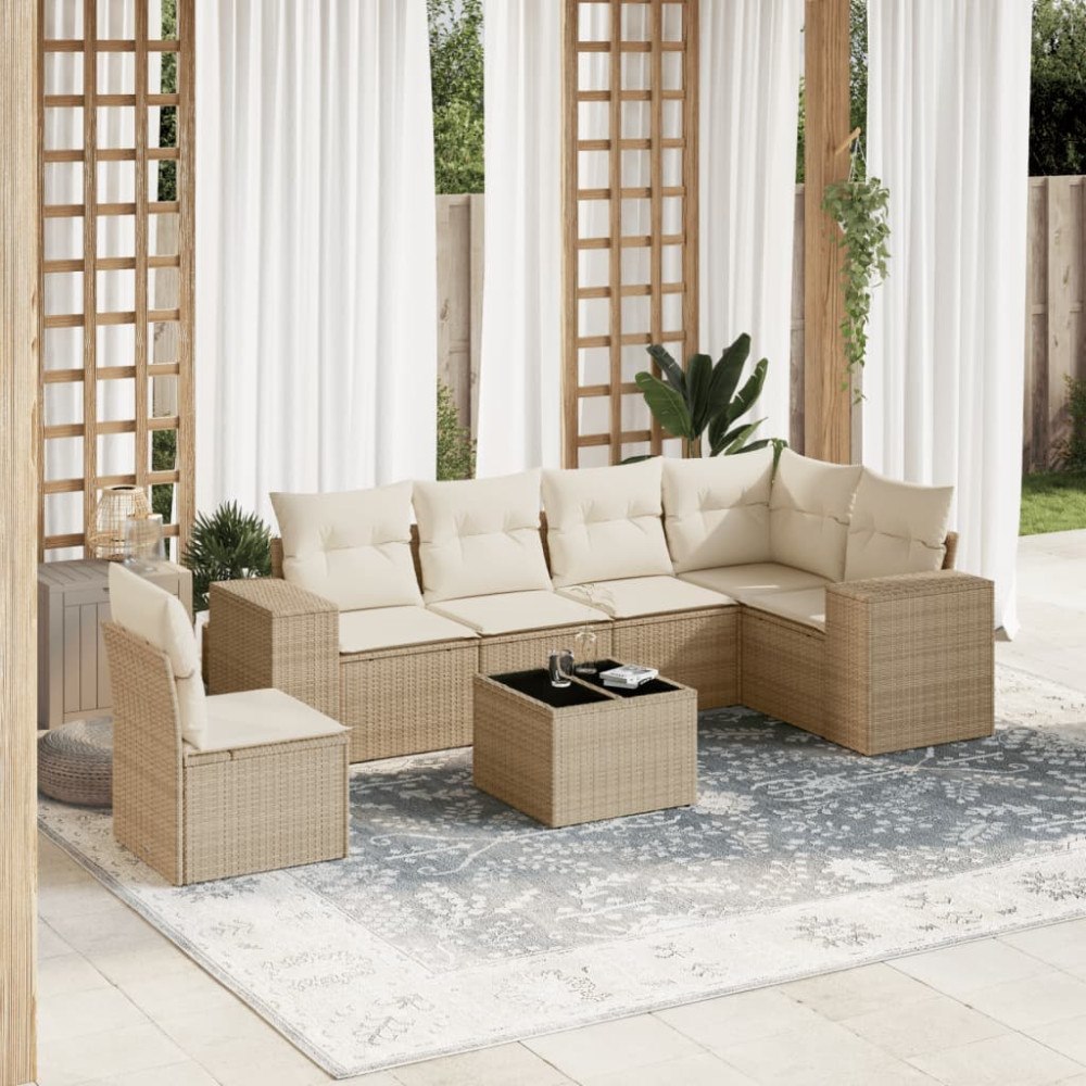 vidaXL Matgrupp för trädgården med dynor 7 delar beige konstrotting