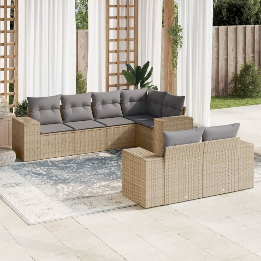 vidaXL Matgrupp för trädgården med dynor 7 delar beige konstrotting