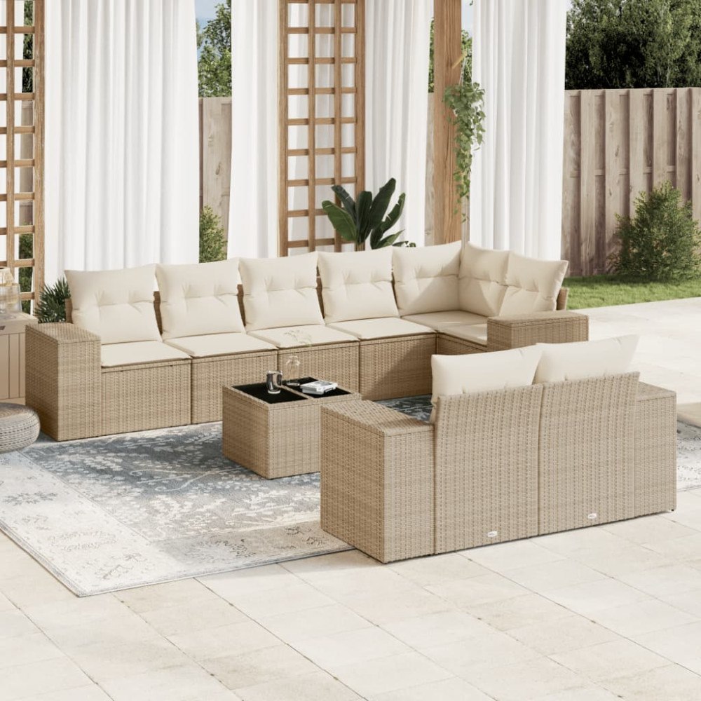 vidaXL Soffgrupp för trädgården med dynor 9 delar beige konstrotting