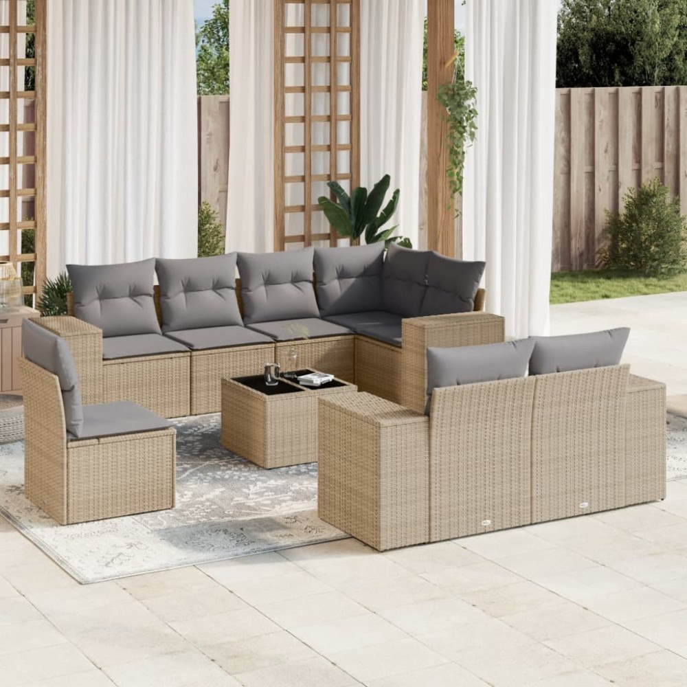 vidaXL Soffgrupp för trädgården med dynor 9 delar beige konstrotting