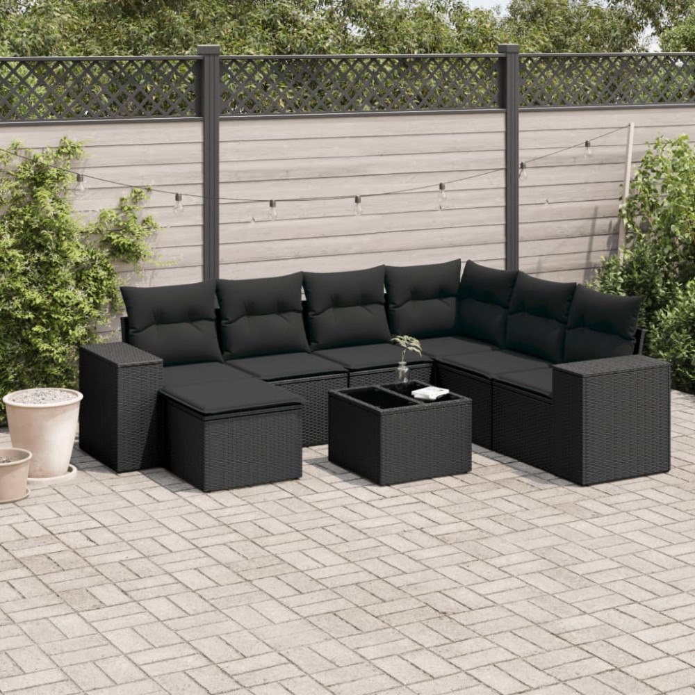 vidaXL Loungegrupp för trädgården med dynor 8 delar svart konstrotting