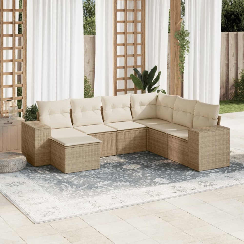 vidaXL Matgrupp för trädgården med dynor 7 delar beige konstrotting