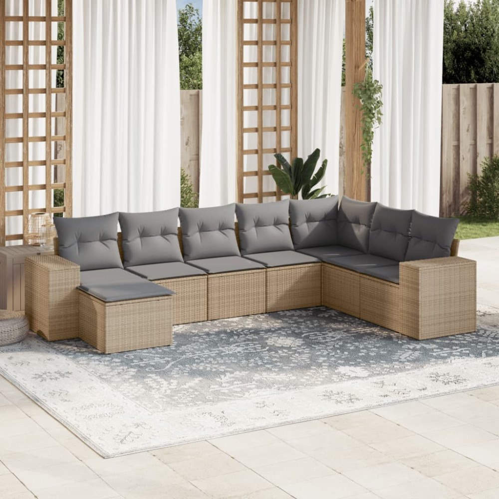 vidaXL Matgrupp för trädgården med dynor 8 delar beige konstrotting