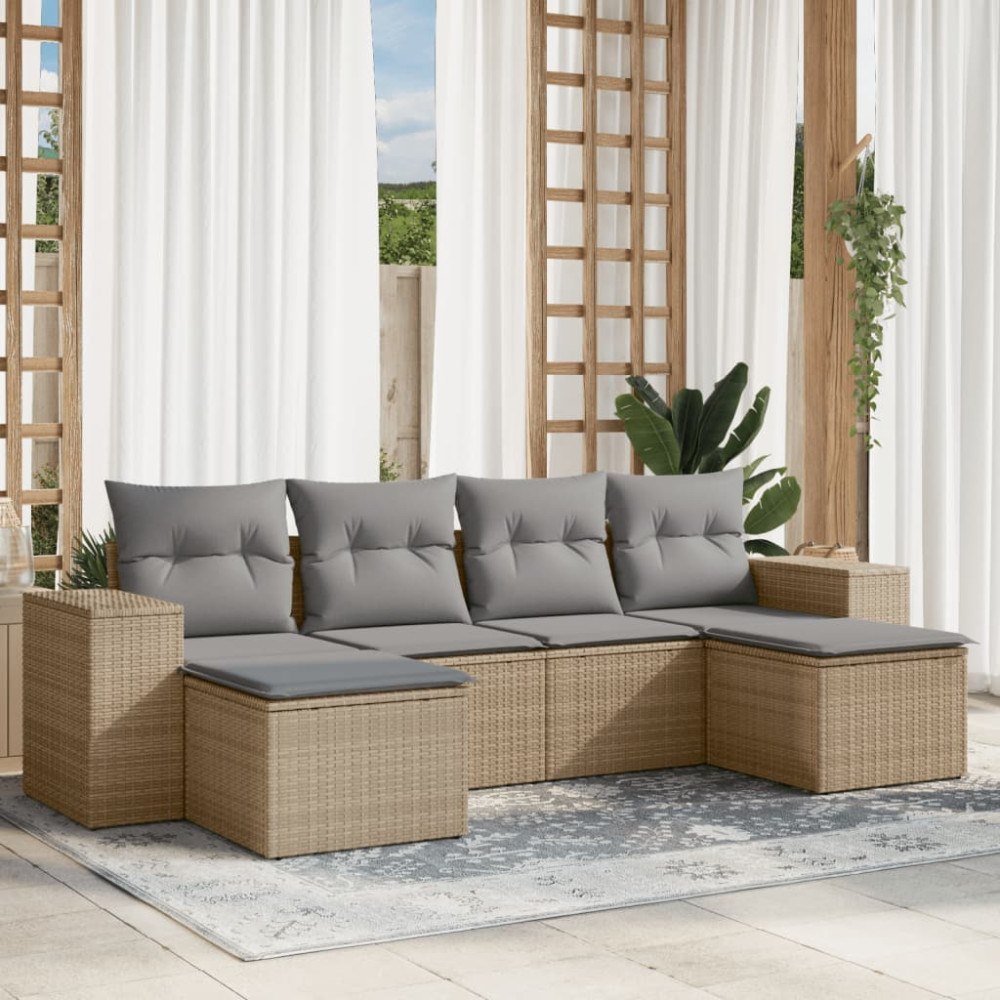 vidaXL Soffgrupp för trädgården med dynor 6 delar beige konstrotting