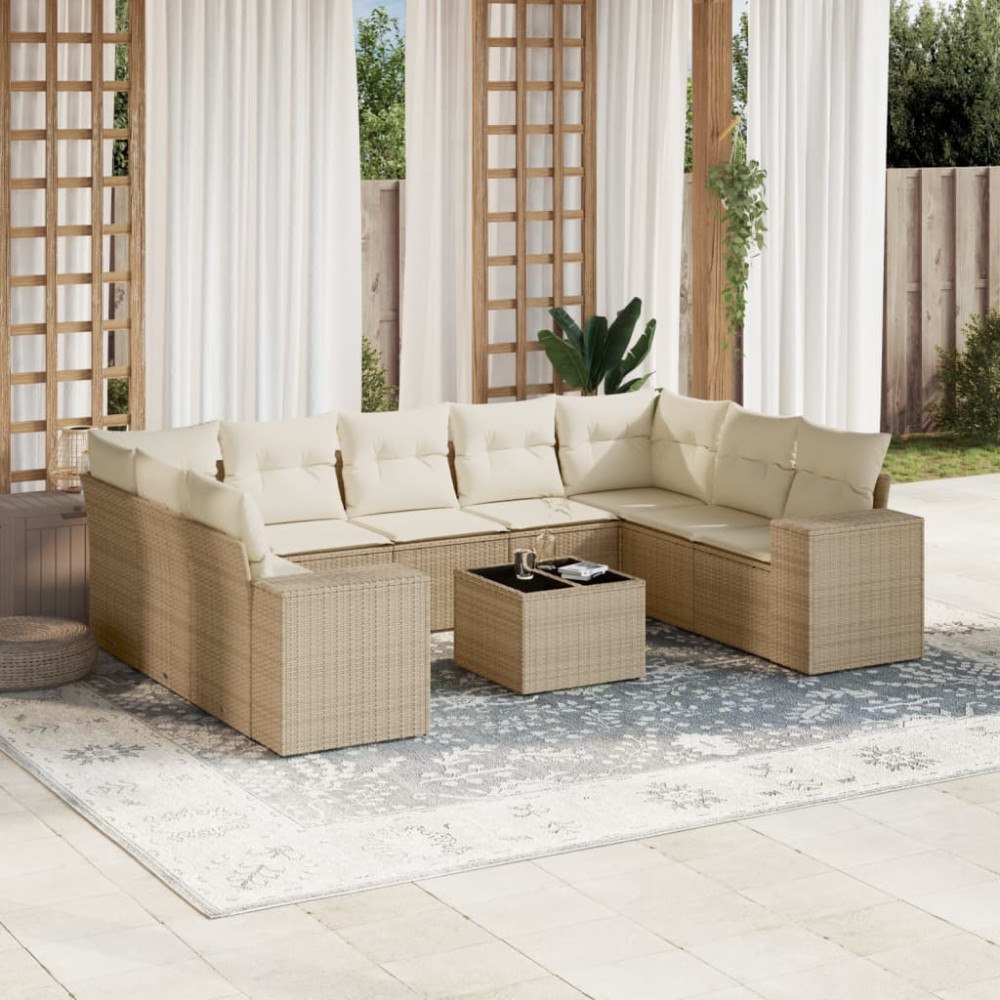 vidaXL Soffgrupp för trädgård med dynor 10 delar beige konstrotting