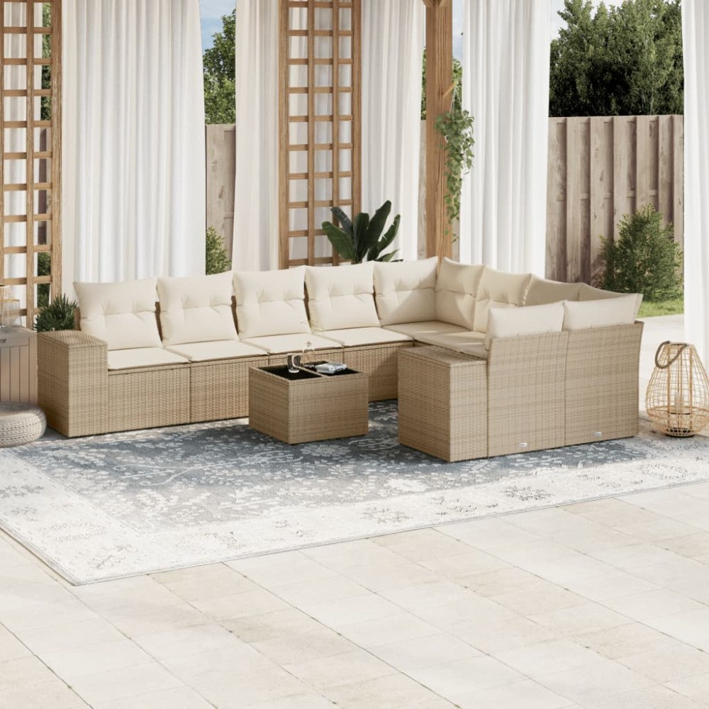 vidaXL Soffgrupp för trädgård med dynor 10 delar beige konstrotting