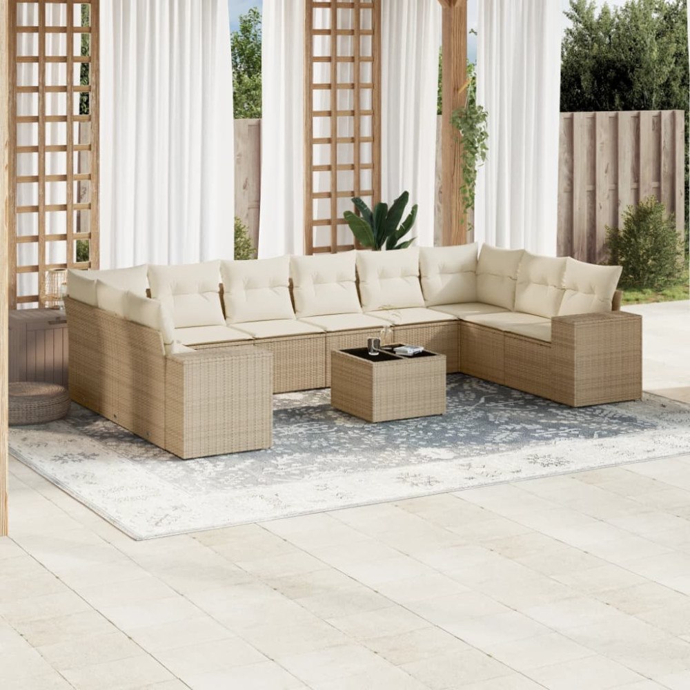 vidaXL Loungegrupp för trädgården m. dynor 11 delar beige konstrotting