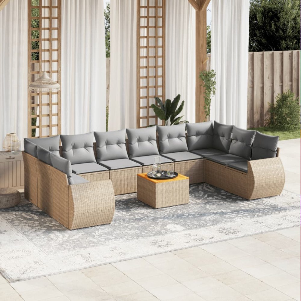 vidaXL Loungegrupp för trädgården m. dynor 11 delar beige konstrotting