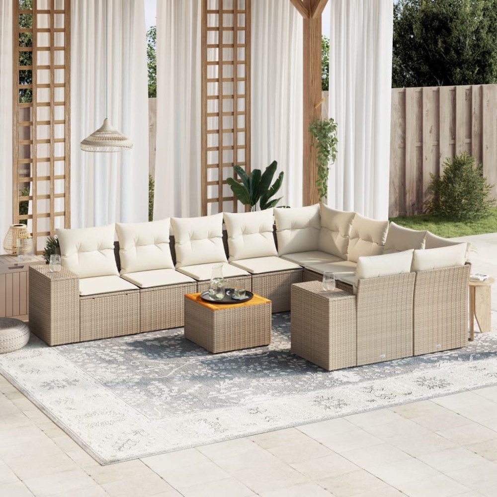 vidaXL Soffgrupp för trädgård med dynor 10 delar beige konstrotting