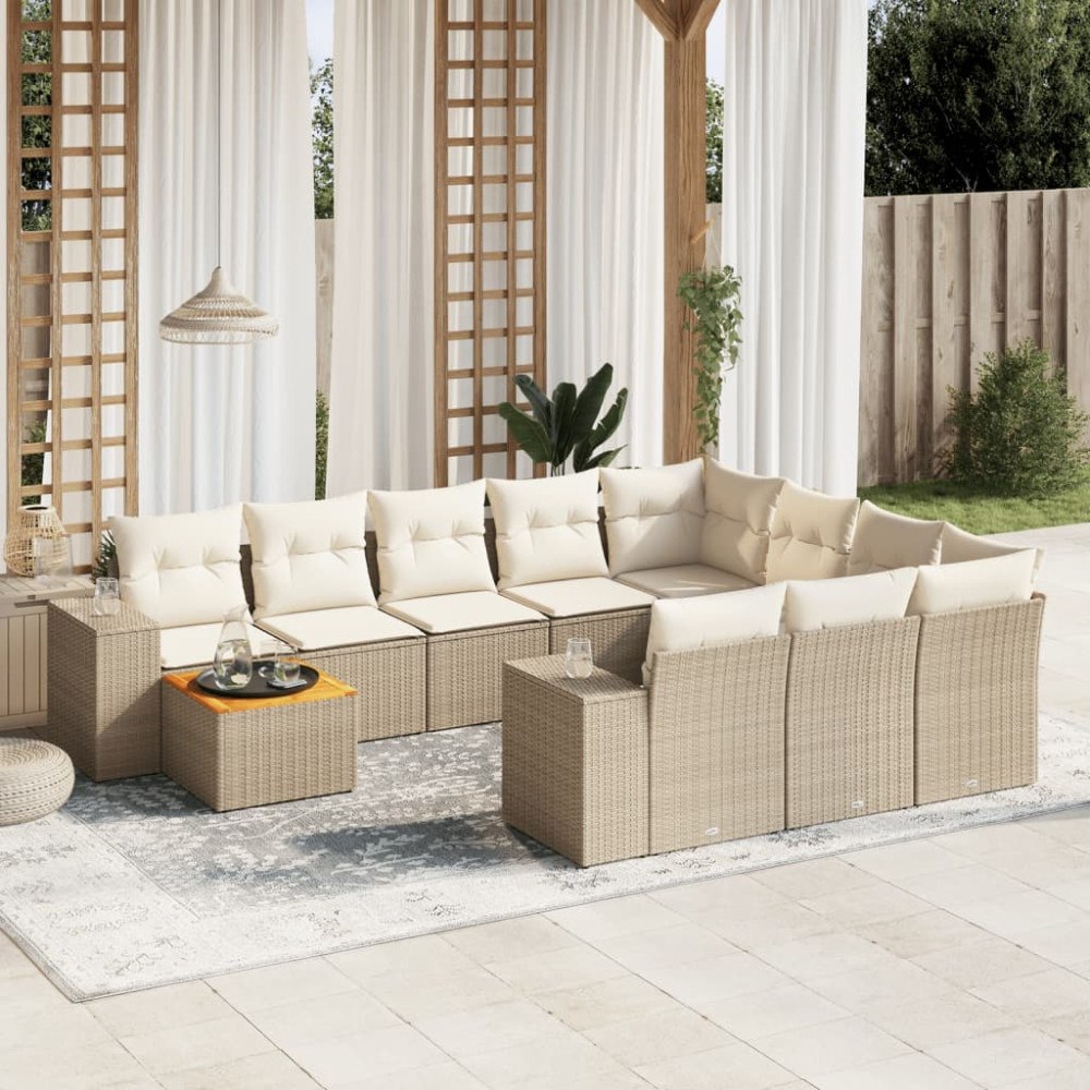 vidaXL Loungegrupp för trädgården m. dynor 11 delar beige konstrotting
