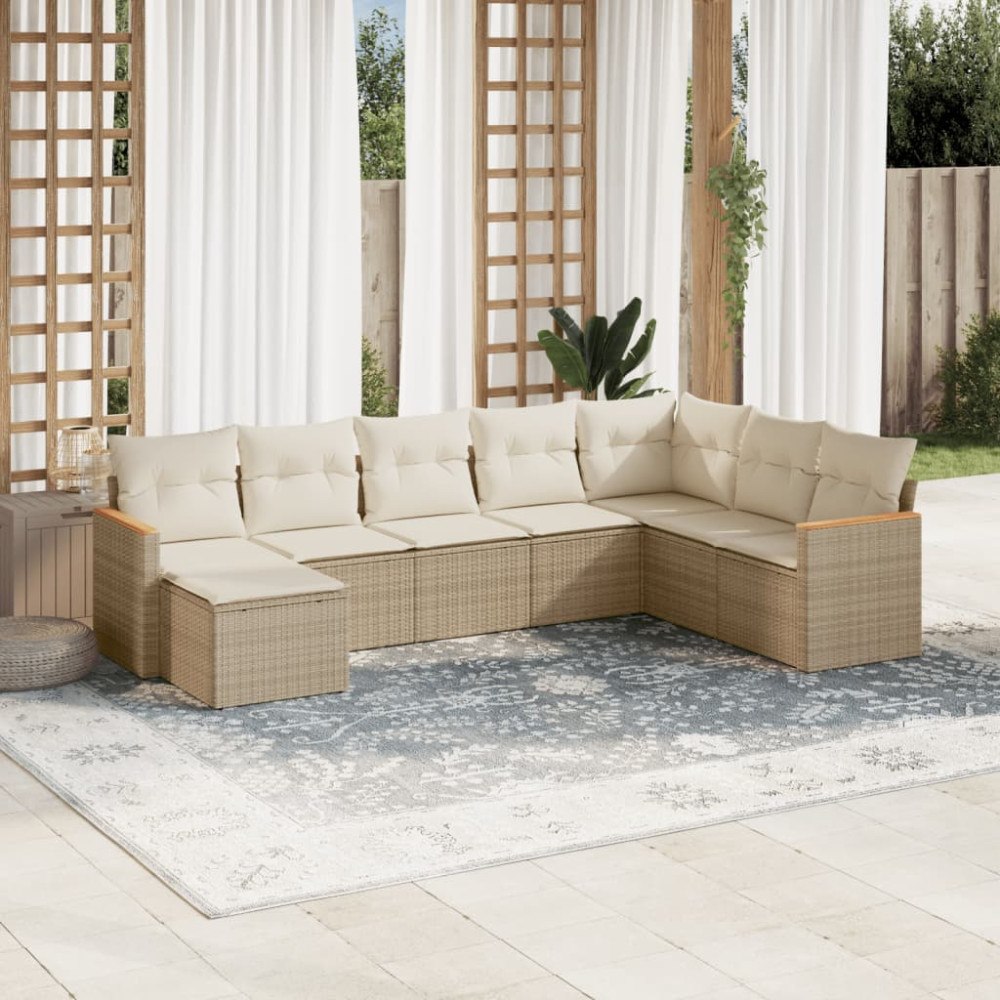 vidaXL Matgrupp för trädgården med dynor 8 delar beige konstrotting