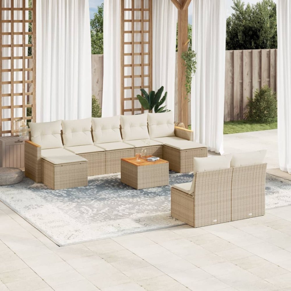 vidaXL Soffgrupp för trädgård med dynor 10 delar beige konstrotting