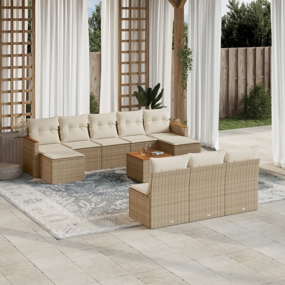 vidaXL Loungegrupp för trädgården m. dynor 11 delar beige konstrotting